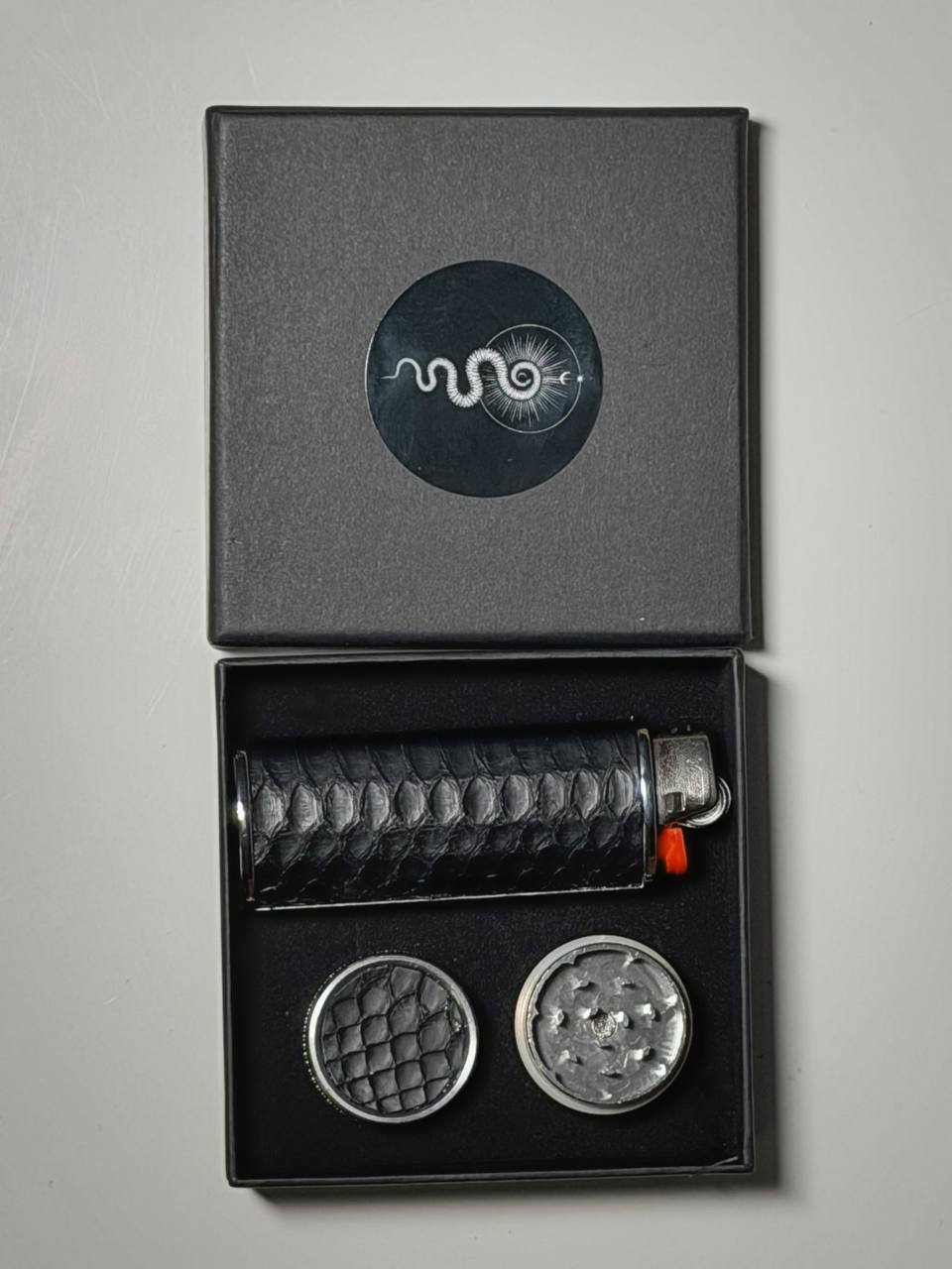 Lighter and Grinder made of natural snake skin