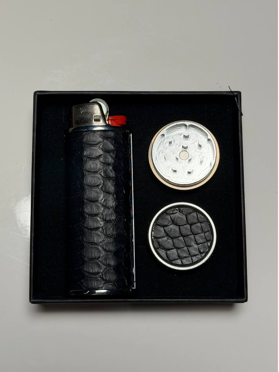 Lighter and Grinder made of natural snake skin